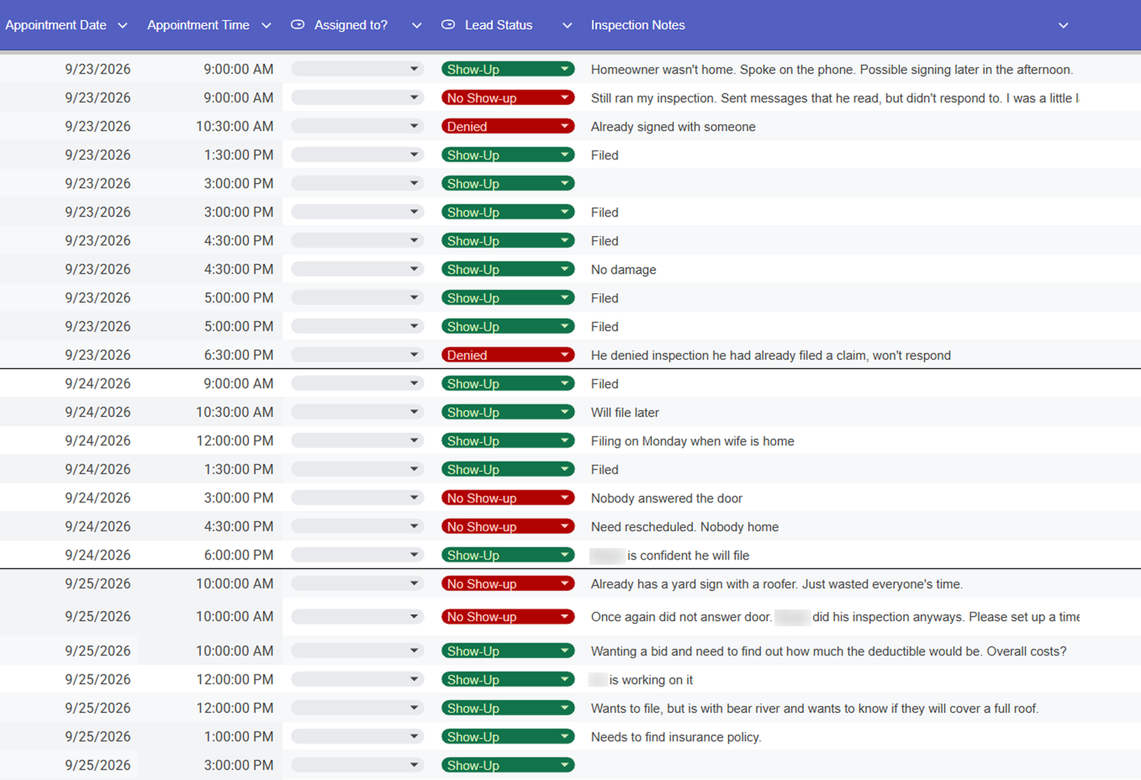 Ledger of appointment dates, times, statuses and inspection notes across four days, with inspector and homeowner names blurred.